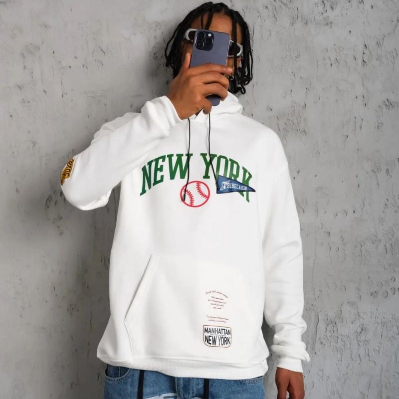 Erkek 3 İplik Pamuklu Kapüşonlu Baskılı Cepli Oversize Sweatshirt Hoodie - Beyaz Erkek 3 İplik Pamuklu Kapüşonlu Baskılı Cepli Oversize Sweatshirt Hoodie - Beyaz