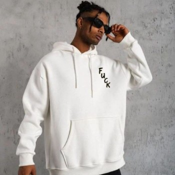 Erkek 3 İplik Pamuklu Kapüşonlu Baskılı Cepli Oversize Sweatshirt Hoodie - Beyaz