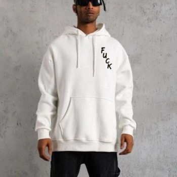 Erkek 3 İplik Pamuklu Kapüşonlu Baskılı Cepli Oversize Sweatshirt Hoodie - Beyaz