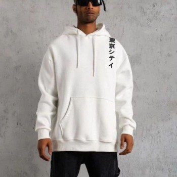 Erkek 3 İplik Pamuklu Kapüşonlu Baskılı Cepli Oversize Sweatshirt Hoodie - Beyaz Erkek 3 İplik Pamuklu Kapüşonlu Baskılı Cepli Oversize Sweatshirt Hoodie - Beyaz