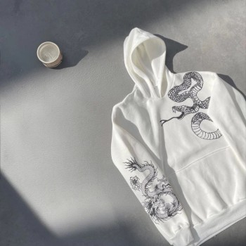 Erkek 3 İplik Pamuklu Kapüşonlu Baskılı Cepli Oversize Sweatshirt Hoodie - Beyaz