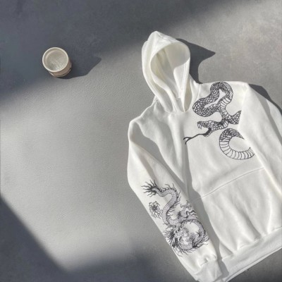 Erkek 3 İplik Pamuklu Kapüşonlu Baskılı Cepli Oversize Sweatshirt Hoodie - Beyaz