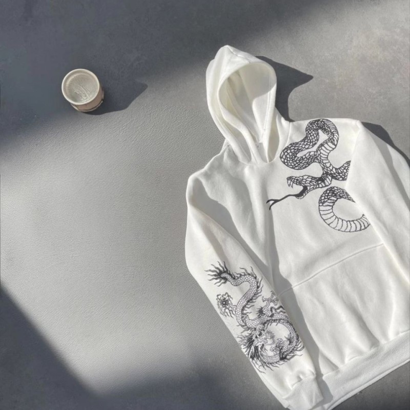 Erkek 3 İplik Pamuklu Kapüşonlu Baskılı Cepli Oversize Sweatshirt Hoodie - Beyaz