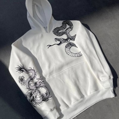 Erkek 3 İplik Pamuklu Kapüşonlu Baskılı Cepli Oversize Sweatshirt Hoodie - Beyaz