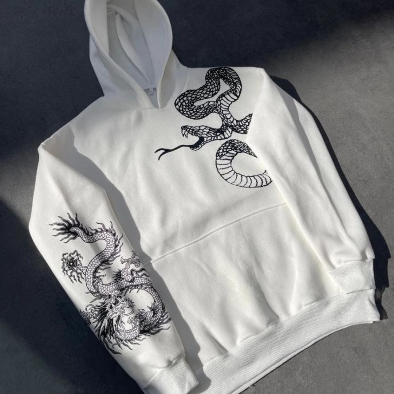 Erkek 3 İplik Pamuklu Kapüşonlu Baskılı Cepli Oversize Sweatshirt Hoodie - Beyaz