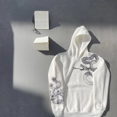 Erkek 3 İplik Pamuklu Kapüşonlu Baskılı Cepli Oversize Sweatshirt Hoodie - Beyaz