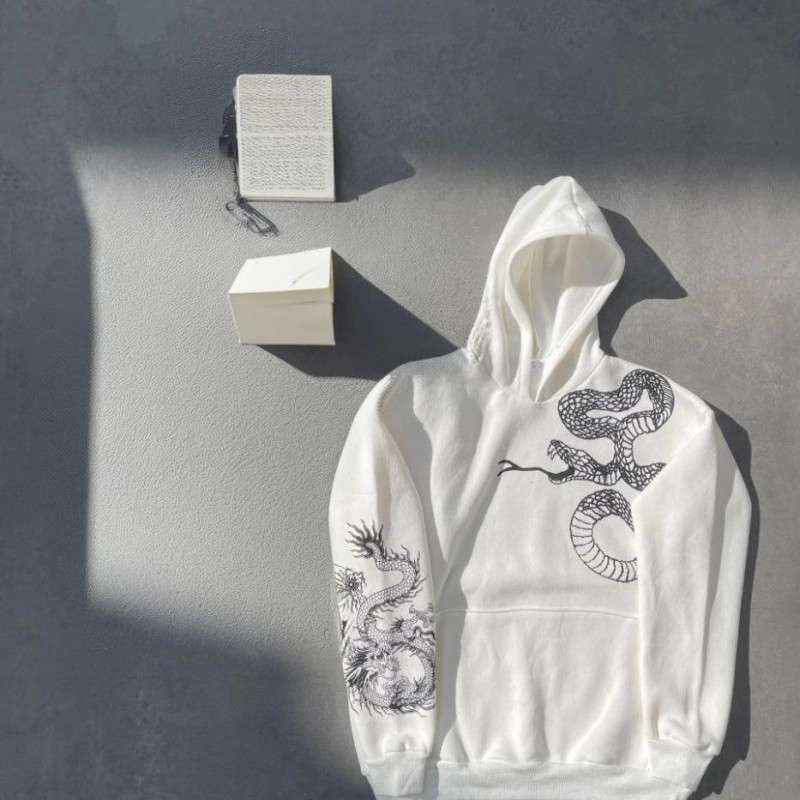 Erkek 3 İplik Pamuklu Kapüşonlu Baskılı Cepli Oversize Sweatshirt Hoodie - Beyaz