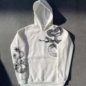 Erkek 3 İplik Pamuklu Kapüşonlu Baskılı Cepli Oversize Sweatshirt Hoodie - Beyaz