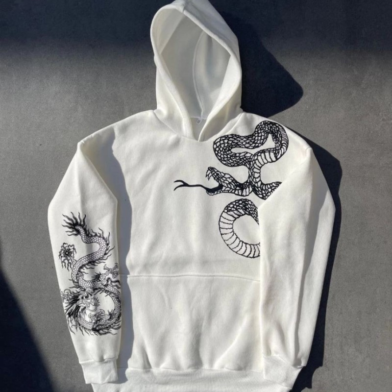 Erkek 3 İplik Pamuklu Kapüşonlu Baskılı Cepli Oversize Sweatshirt Hoodie - Beyaz