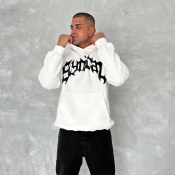 Erkek 3 İplik Pamuklu Kapüşonlu Baskılı Cepli Oversize Sweatshirt Hoodie - Beyaz