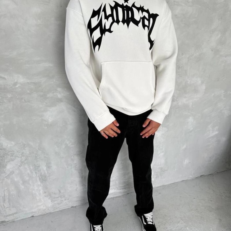 Erkek 3 İplik Pamuklu Kapüşonlu Baskılı Cepli Oversize Sweatshirt Hoodie - Beyaz Erkek 3 İplik Pamuklu Kapüşonlu Baskılı Cepli Oversize Sweatshirt Hoodie - Beyaz