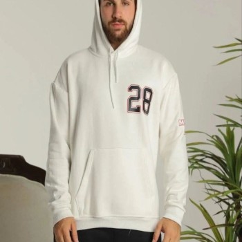 Erkek 3 İplik Pamuklu Kapüşonlu Baskılı Cepli Oversize Sweatshirt Hoodie - Beyaz