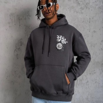 Erkek 3 İplik Pamuklu Kapüşonlu Baskılı Cepli Oversize Sweatshirt Hoodie - Füme Erkek 3 İplik Pamuklu Kapüşonlu Baskılı Cepli Oversize Sweatshirt Hoodie - Füme