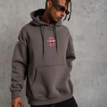 Erkek 3 İplik Pamuklu Kapüşonlu Baskılı Cepli Oversize Sweatshirt Hoodie - Gri Erkek 3 İplik Pamuklu Kapüşonlu Baskılı Cepli Oversize Sweatshirt Hoodie - Gri