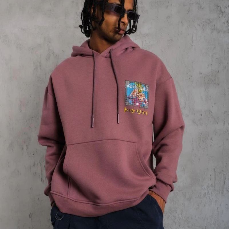 Erkek 3 İplik Pamuklu Kapüşonlu Baskılı Cepli Oversize Sweatshirt Hoodie - Gül Kurusu Erkek 3 İplik Pamuklu Kapüşonlu Baskılı Cepli Oversize Sweatshirt Hoodie - Gül Kurusu