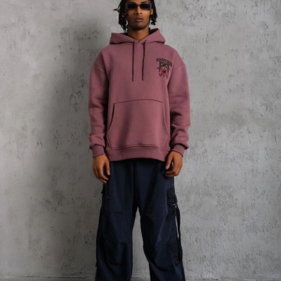 Erkek 3 İplik Pamuklu Kapüşonlu Baskılı Cepli Oversize Sweatshirt Hoodie - Gül Kurusu Erkek 3 İplik Pamuklu Kapüşonlu Baskılı Cepli Oversize Sweatshirt Hoodie - Gül Kurusu