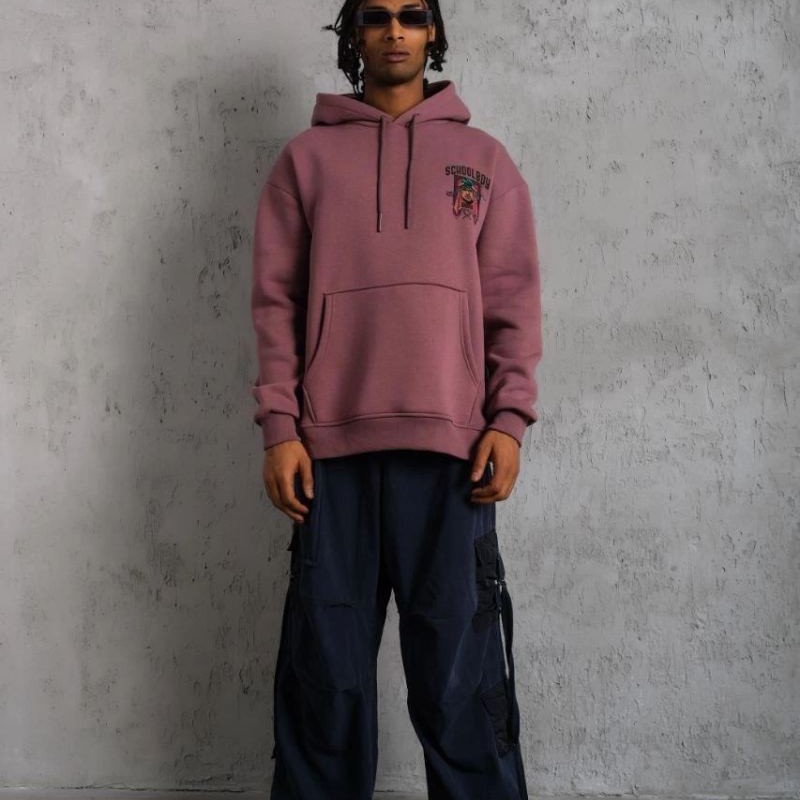 Erkek 3 İplik Pamuklu Kapüşonlu Baskılı Cepli Oversize Sweatshirt Hoodie - Gül Kurusu Erkek 3 İplik Pamuklu Kapüşonlu Baskılı Cepli Oversize Sweatshirt Hoodie - Gül Kurusu