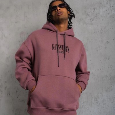 Erkek 3 İplik Pamuklu Kapüşonlu Baskılı Cepli Oversize Sweatshirt Hoodie - Gül Kurusu Erkek 3 İplik Pamuklu Kapüşonlu Baskılı Cepli Oversize Sweatshirt Hoodie - Gül Kurusu