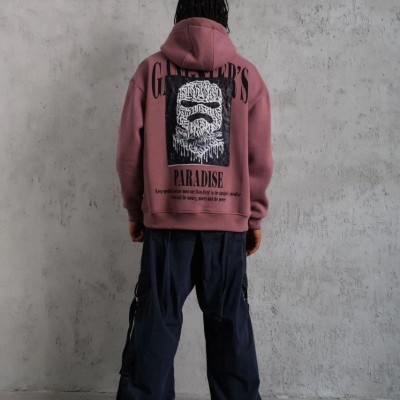 Erkek 3 İplik Pamuklu Kapüşonlu Baskılı Cepli Oversize Sweatshirt Hoodie - Gül Kurusu Erkek 3 İplik Pamuklu Kapüşonlu Baskılı Cepli Oversize Sweatshirt Hoodie - Gül Kurusu