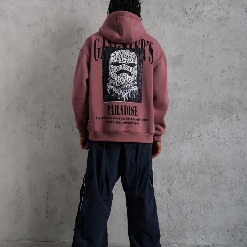 Erkek 3 İplik Pamuklu Kapüşonlu Baskılı Cepli Oversize Sweatshirt Hoodie - Gül Kurusu Erkek 3 İplik Pamuklu Kapüşonlu Baskılı Cepli Oversize Sweatshirt Hoodie - Gül Kurusu