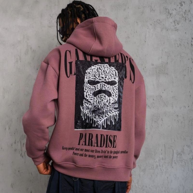 Erkek 3 İplik Pamuklu Kapüşonlu Baskılı Cepli Oversize Sweatshirt Hoodie - Gül Kurusu Erkek 3 İplik Pamuklu Kapüşonlu Baskılı Cepli Oversize Sweatshirt Hoodie - Gül Kurusu