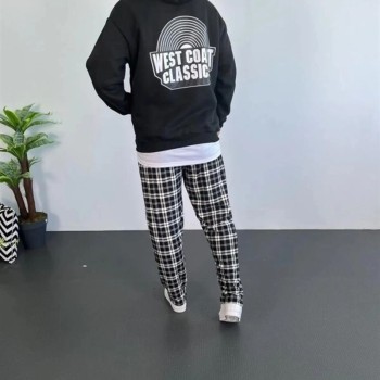 Erkek 3 İplik Pamuklu Kapüşonlu Baskılı Cepli Oversize Sweatshirt Hoodie - Siyah