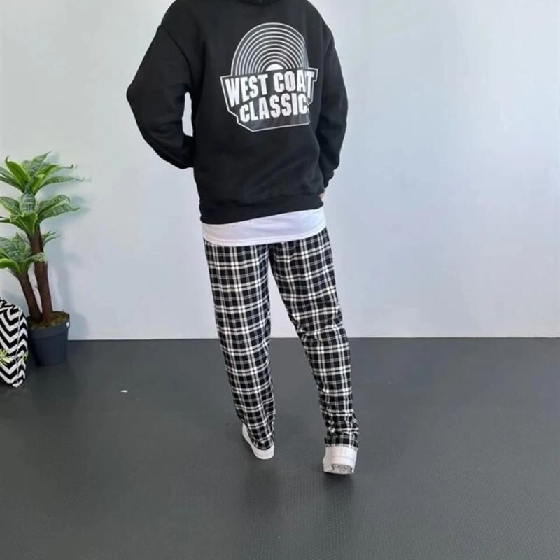 Erkek 3 İplik Pamuklu Kapüşonlu Baskılı Cepli Oversize Sweatshirt Hoodie - Siyah
