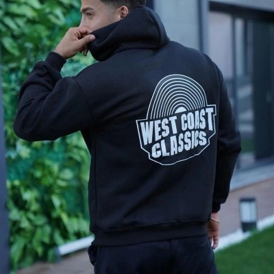 Erkek 3 İplik Pamuklu Kapüşonlu Baskılı Cepli Oversize Sweatshirt Hoodie - Siyah