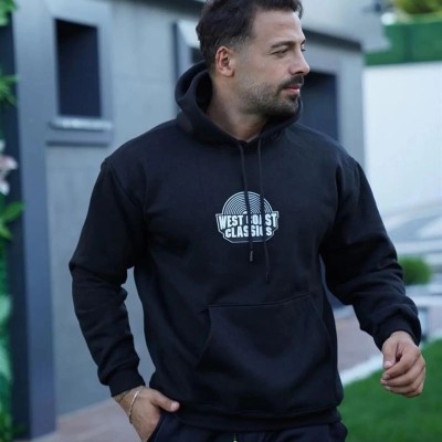 Erkek 3 İplik Pamuklu Kapüşonlu Baskılı Cepli Oversize Sweatshirt Hoodie - Siyah