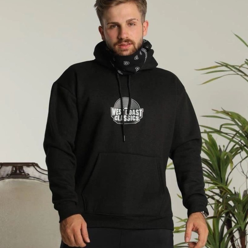 Erkek 3 İplik Pamuklu Kapüşonlu Baskılı Cepli Oversize Sweatshirt Hoodie - Siyah