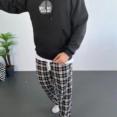 Erkek 3 İplik Pamuklu Kapüşonlu Baskılı Cepli Oversize Sweatshirt Hoodie - Siyah