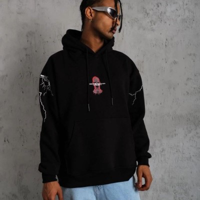 Erkek 3 İplik Pamuklu Kapüşonlu Baskılı Cepli Oversize Sweatshirt Hoodie - Siyah