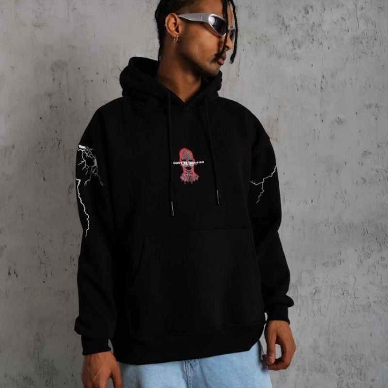 Erkek 3 İplik Pamuklu Kapüşonlu Baskılı Cepli Oversize Sweatshirt Hoodie - Siyah
