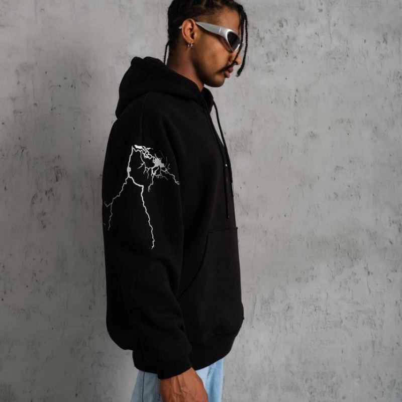 Erkek 3 İplik Pamuklu Kapüşonlu Baskılı Cepli Oversize Sweatshirt Hoodie - Siyah