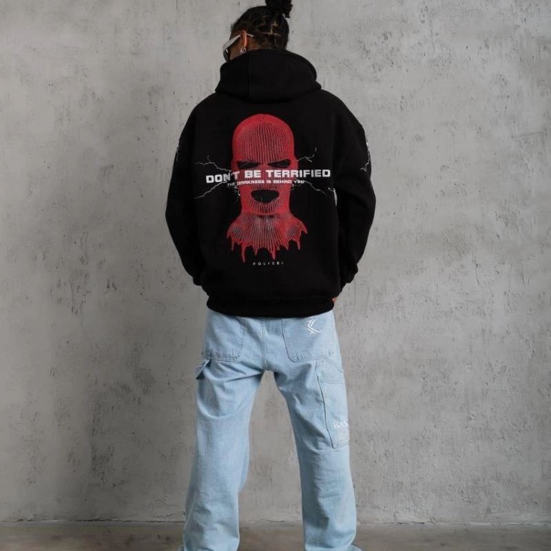 Erkek 3 İplik Pamuklu Kapüşonlu Baskılı Cepli Oversize Sweatshirt Hoodie - Siyah