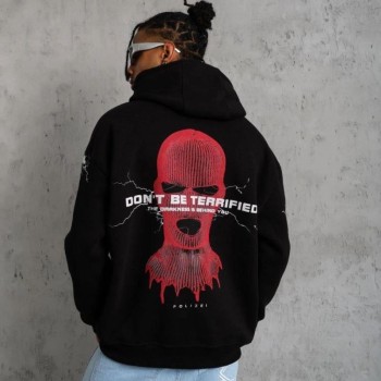 Erkek 3 İplik Pamuklu Kapüşonlu Baskılı Cepli Oversize Sweatshirt Hoodie - Siyah
