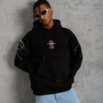 Erkek 3 İplik Pamuklu Kapüşonlu Baskılı Cepli Oversize Sweatshirt Hoodie - Siyah