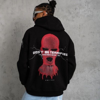 Erkek 3 İplik Pamuklu Kapüşonlu Baskılı Cepli Oversize Sweatshirt Hoodie - Siyah