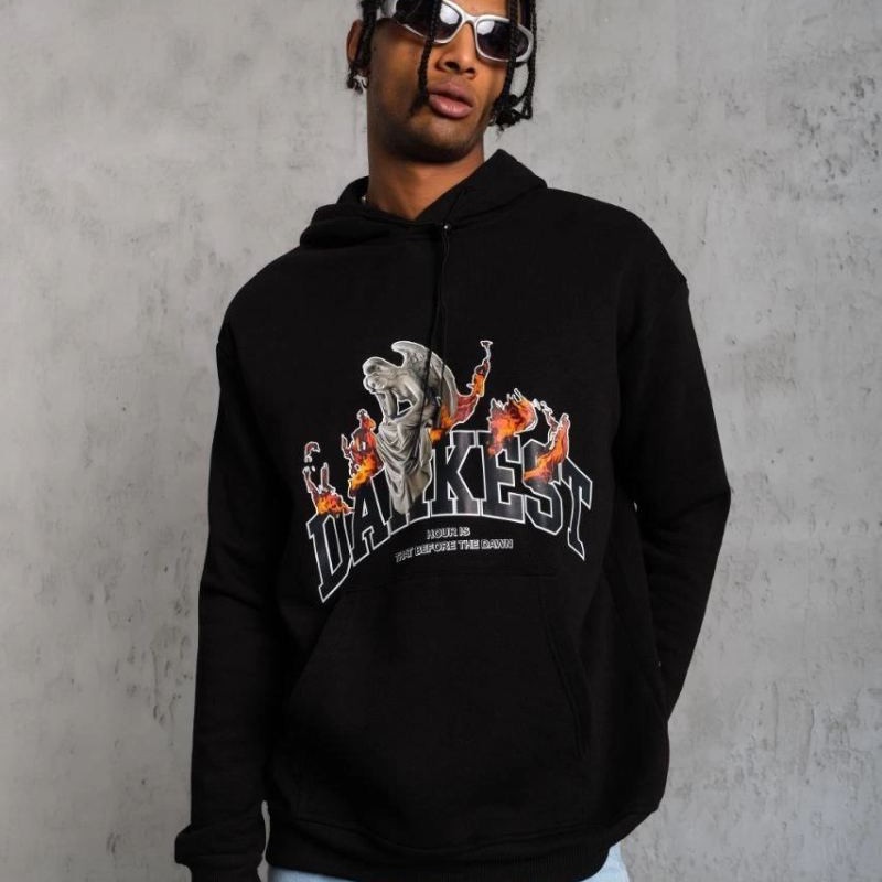 Erkek 3 İplik Pamuklu Kapüşonlu Baskılı Cepli Oversize Sweatshirt Hoodie - Siyah