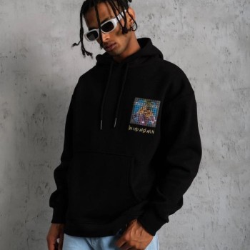 Erkek 3 İplik Pamuklu Kapüşonlu Baskılı Cepli Oversize Sweatshirt Hoodie - Siyah Erkek 3 İplik Pamuklu Kapüşonlu Baskılı Cepli Oversize Sweatshirt Hoodie - Siyah
