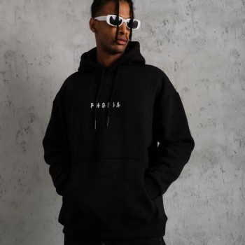 Erkek 3 İplik Pamuklu Kapüşonlu Baskılı Cepli Oversize Sweatshirt Hoodie - Siyah