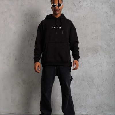 Erkek 3 İplik Pamuklu Kapüşonlu Baskılı Cepli Oversize Sweatshirt Hoodie - Siyah Erkek 3 İplik Pamuklu Kapüşonlu Baskılı Cepli Oversize Sweatshirt Hoodie - Siyah