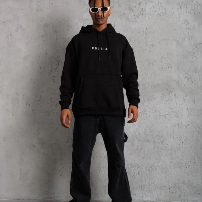 Erkek 3 İplik Pamuklu Kapüşonlu Baskılı Cepli Oversize Sweatshirt Hoodie - Siyah Erkek 3 İplik Pamuklu Kapüşonlu Baskılı Cepli Oversize Sweatshirt Hoodie - Siyah