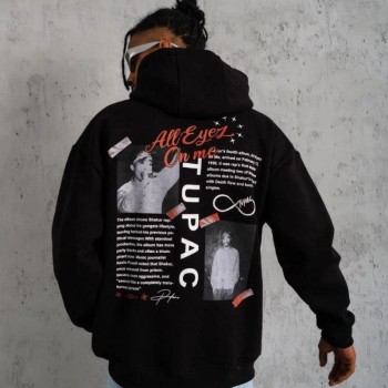 Erkek 3 İplik Pamuklu Kapüşonlu Baskılı Cepli Oversize Sweatshirt Hoodie - Siyah