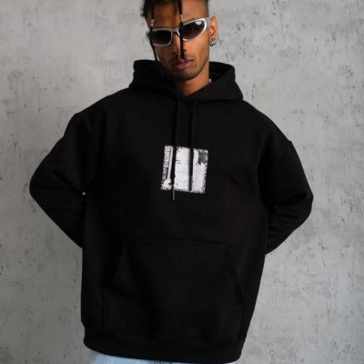 Erkek 3 İplik Pamuklu Kapüşonlu Baskılı Cepli Oversize Sweatshirt Hoodie - Siyah