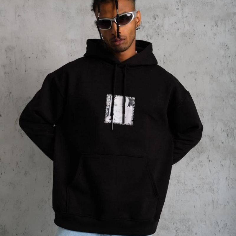 Erkek 3 İplik Pamuklu Kapüşonlu Baskılı Cepli Oversize Sweatshirt Hoodie - Siyah
