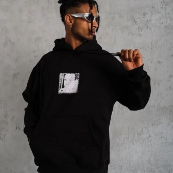 Erkek 3 İplik Pamuklu Kapüşonlu Baskılı Cepli Oversize Sweatshirt Hoodie - Siyah