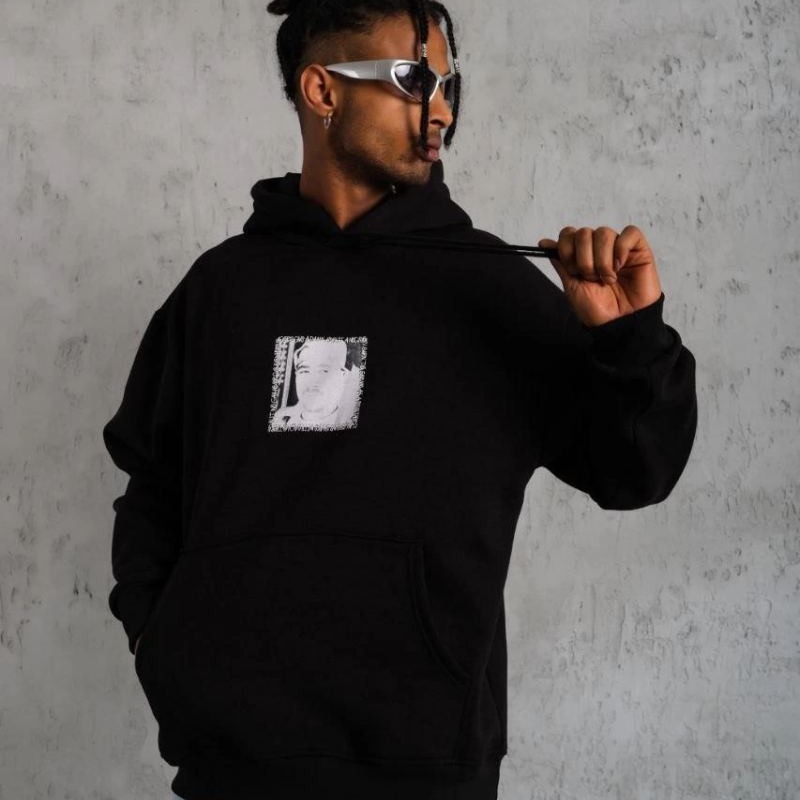 Erkek 3 İplik Pamuklu Kapüşonlu Baskılı Cepli Oversize Sweatshirt Hoodie - Siyah