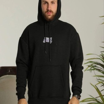 Erkek 3 İplik Pamuklu Kapüşonlu Baskılı Cepli Oversize Sweatshirt Hoodie - Siyah Erkek 3 İplik Pamuklu Kapüşonlu Baskılı Cepli Oversize Sweatshirt Hoodie - Siyah