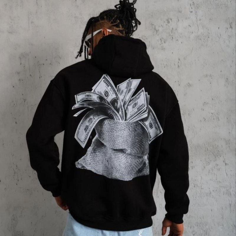 Erkek 3 İplik Pamuklu Kapüşonlu Baskılı Cepli Oversize Sweatshirt Hoodie - Siyah